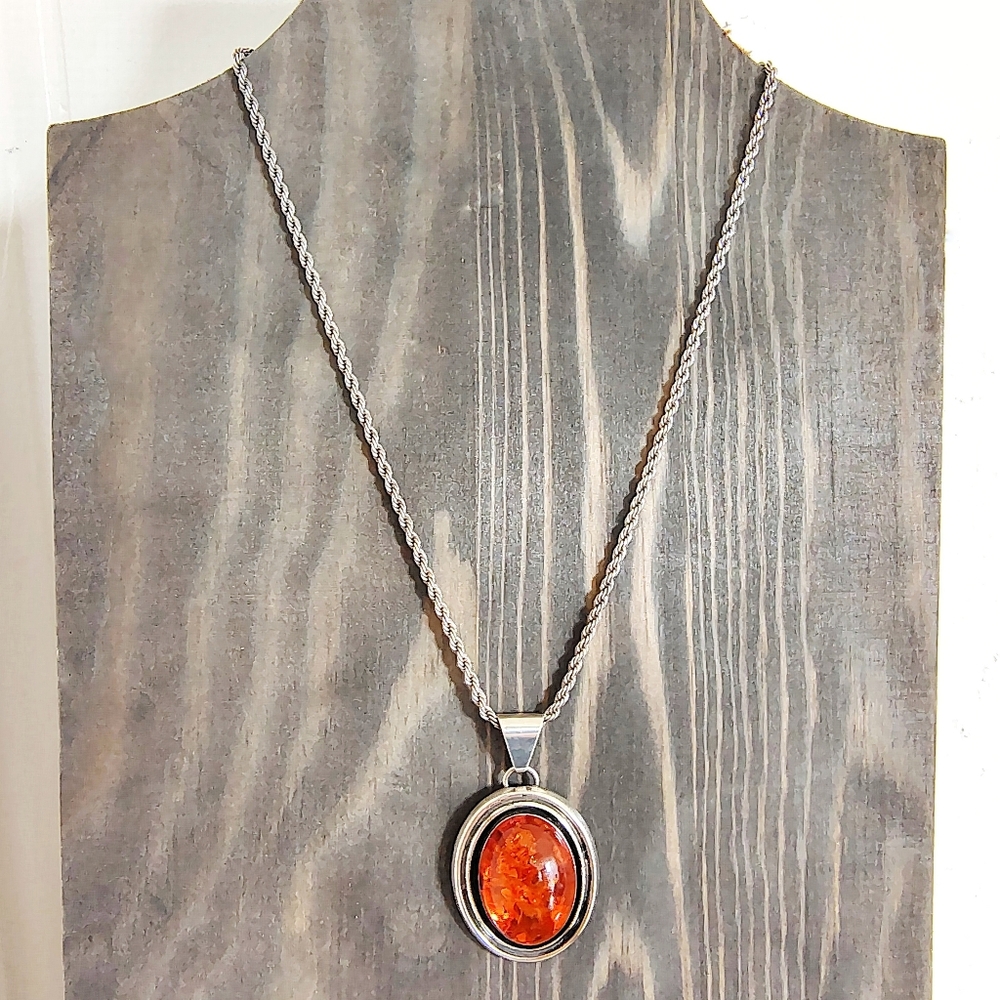 Vintage Sterling Silver and Amber Pendant on Sterling Silver Rope Chain